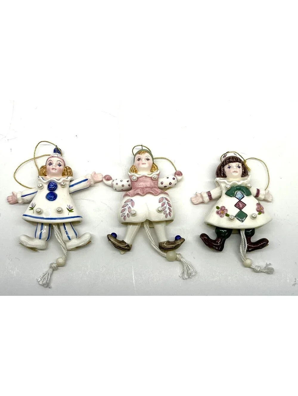 3 Schmid Ceramic Porcelain Pull String Dancing Clown Clowns 1991 Ornament Figure